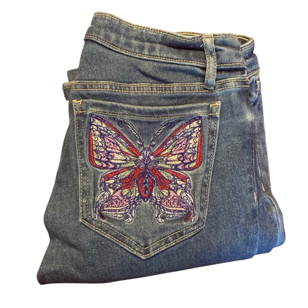 Wild Fable Blue Jeans Embroidered Butterfly Design Low Rise Flare Woman’s Size 2